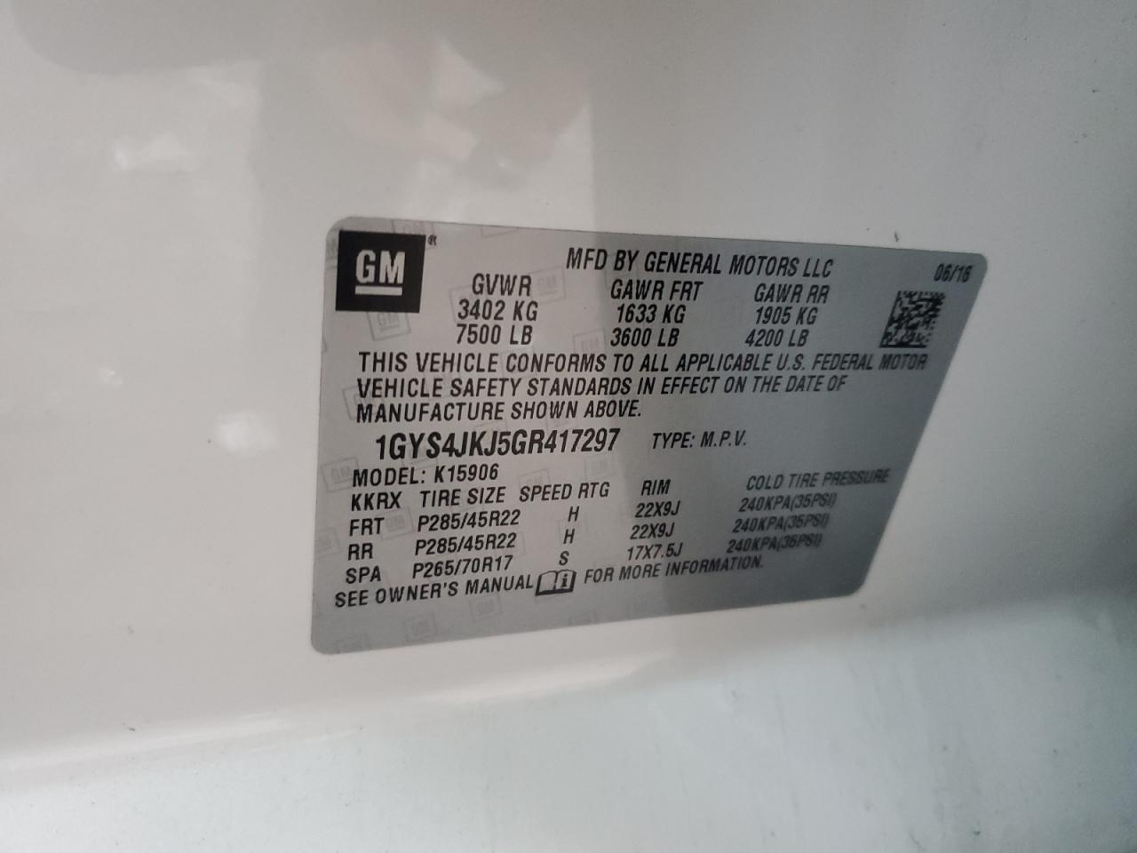 2016 Cadillac Escalade VIN 1GYS4JKJ5GR417297 Copart auction photo, all over damage thumbnail 15