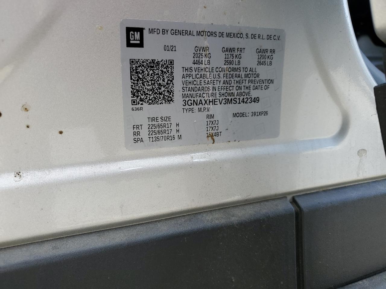 2021 Chevrolet Equinox VIN 3GNAXHEV3MS142349 Copart auction photo, rear end damage thumbnail 13