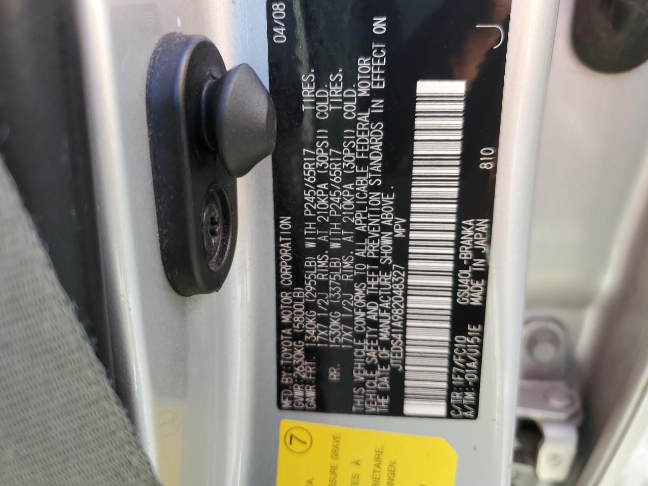 2008 Toyota Highlander VIN JTEDS41A982048327 Copart auction photo, front end damage thumbnail 16