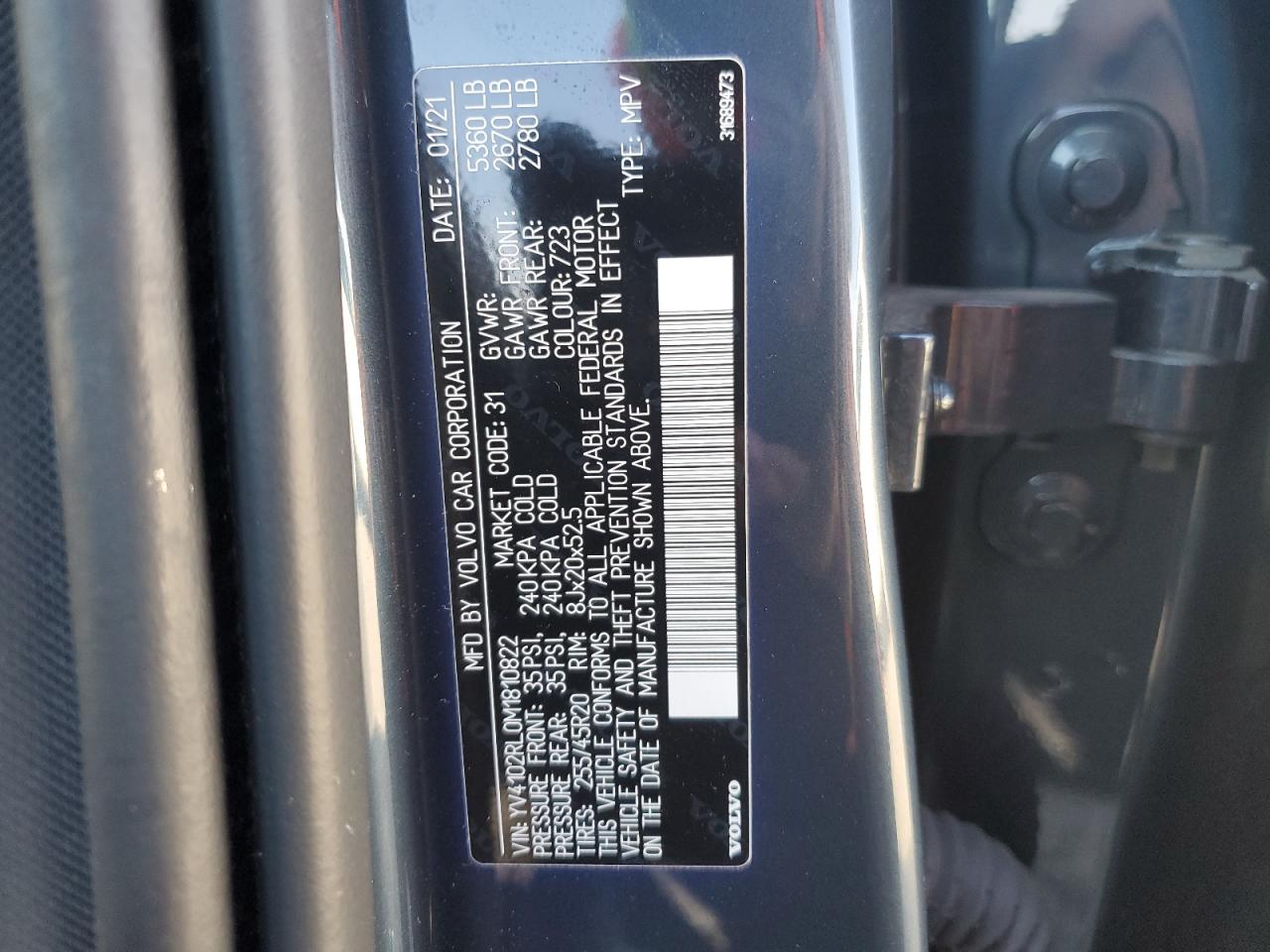 2021 Volvo XC60 VIN YV4102RL0M1810822 Copart auction photo, side / rear end damage thumbnail 13