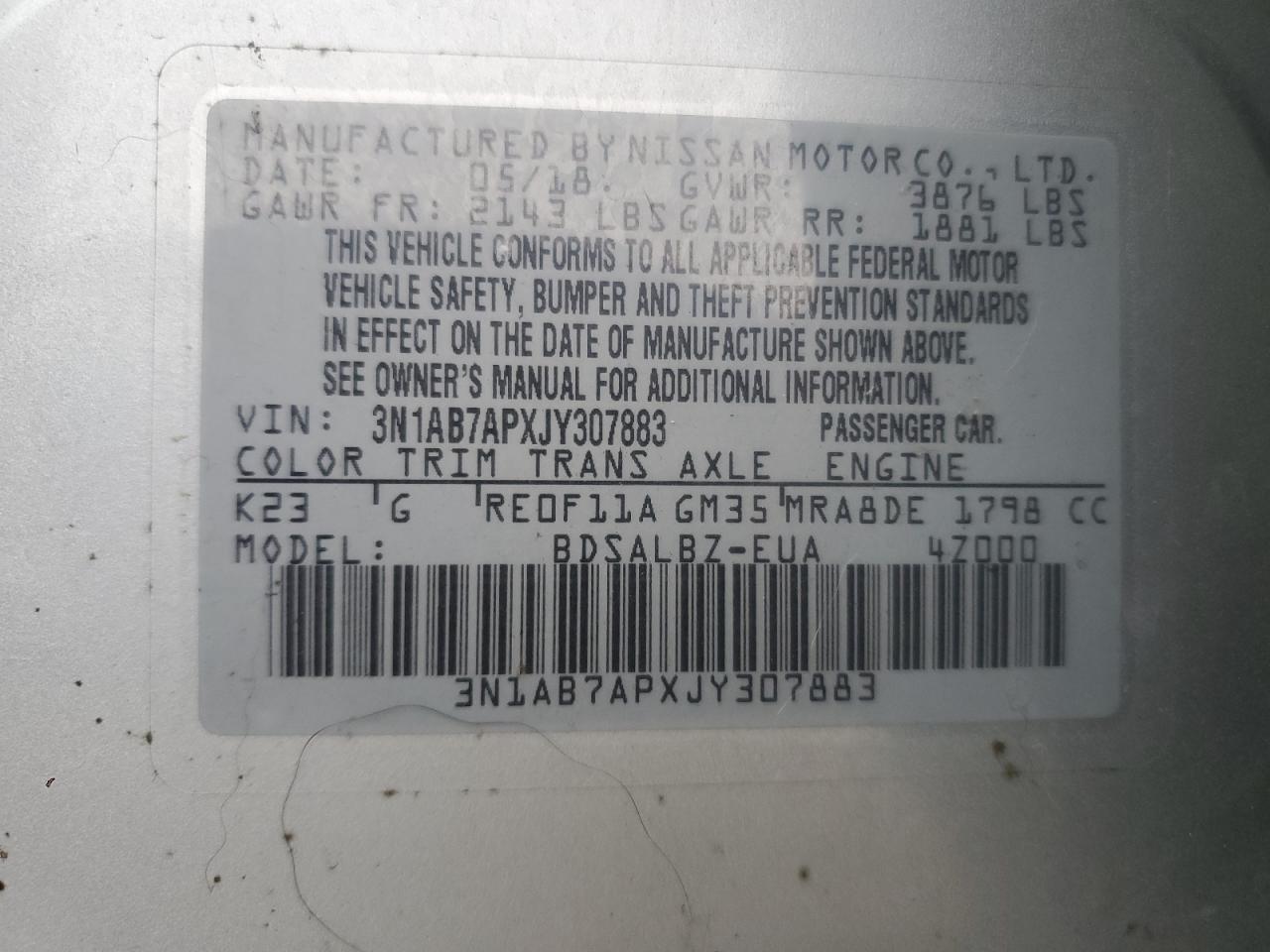 2018 Nissan Sentra VIN 3N1AB7APXJY307883 Copart auction photo, rear end damage thumbnail 12