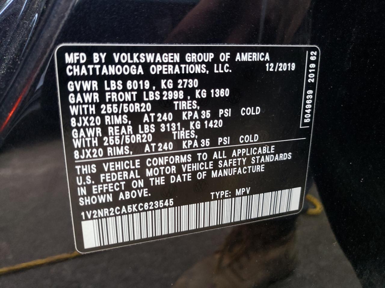 2019 Volkswagen Atlas VIN 1V2NR2CA5KC623545 Copart auction photo, rear end damage thumbnail 14