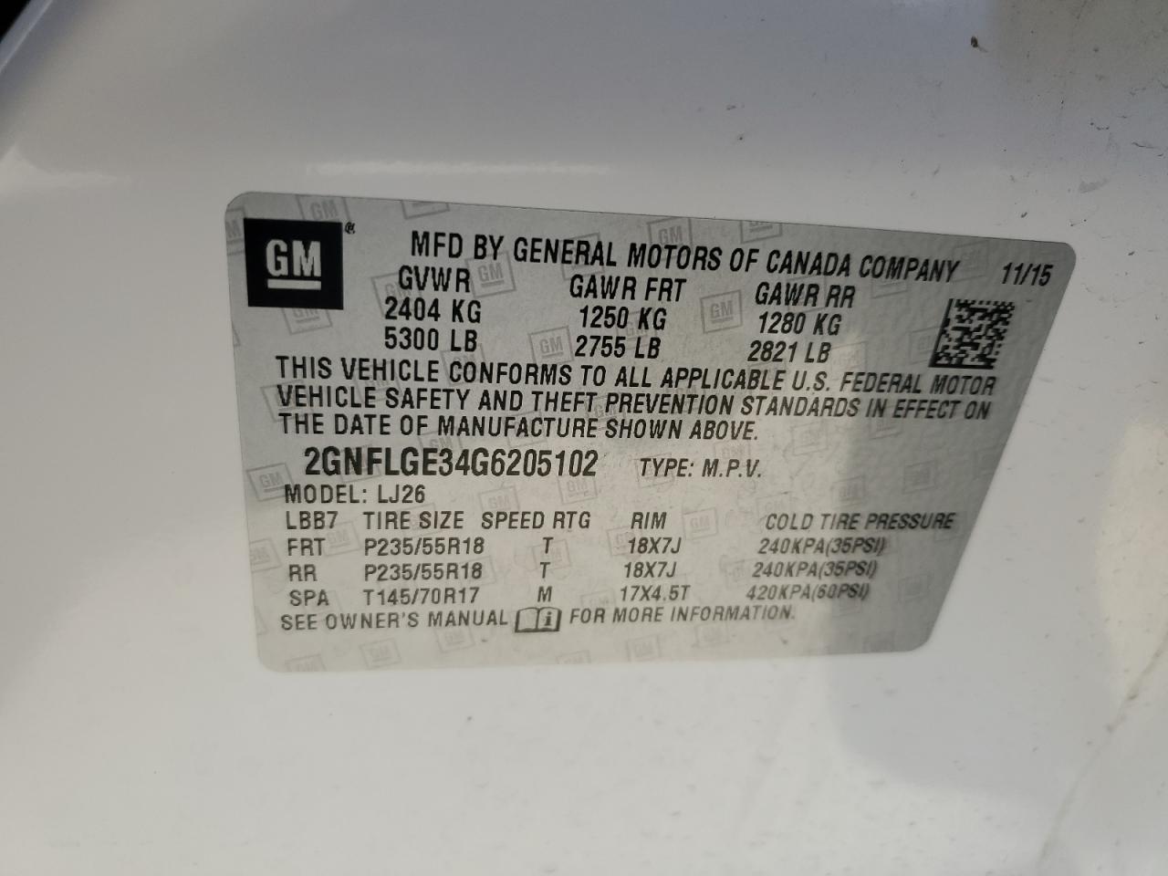 2016 Chevrolet Equinox VIN 2GNFLGE34G6205102 Copart auction photo, front end damage thumbnail 15