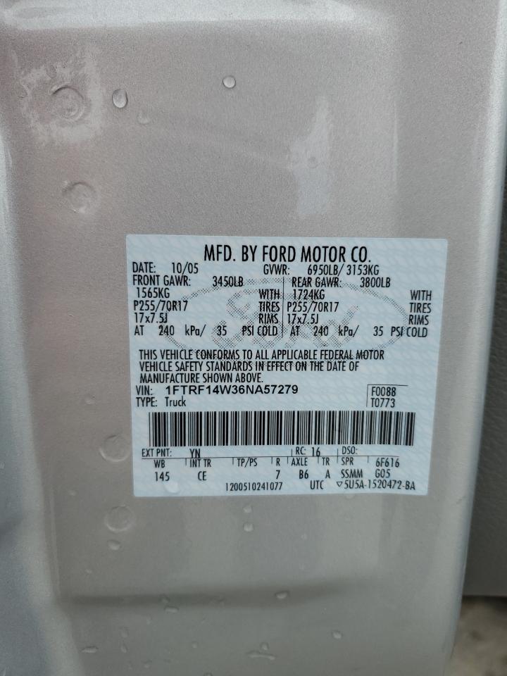2006 Ford F-150 VIN 1FTRF14W36NA57279 Copart auction photo, front end damage thumbnail 12