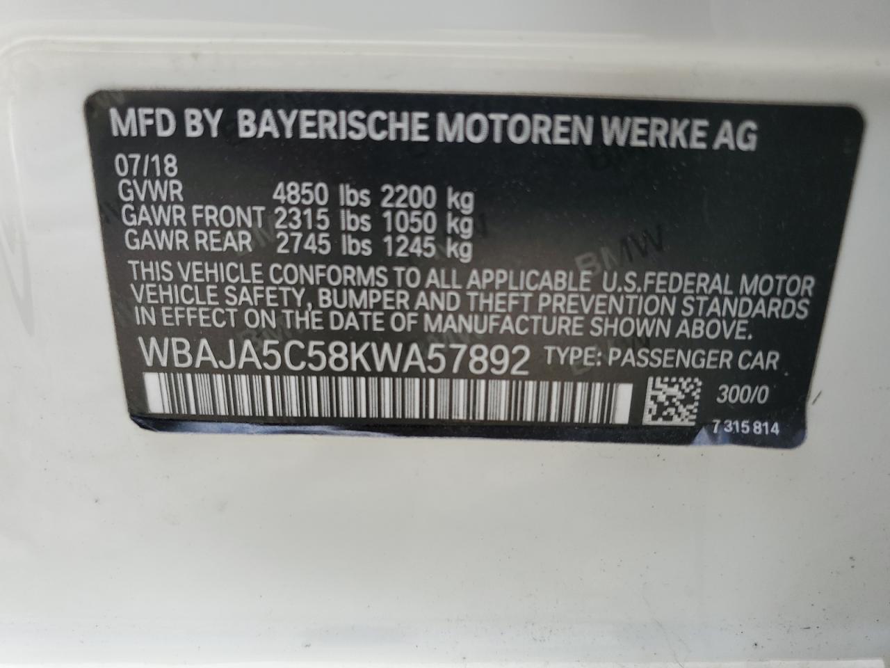 2019 BMW 5er VIN WBAJA5C58KWA57892 Copart auction photo, front end / minor dent/scratches damage thumbnail 14