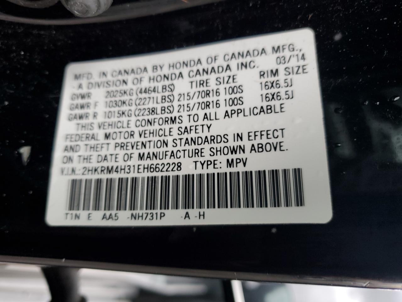 2014 Honda CR-V VIN 2HKRM4H31EH662228 Copart auction photo, front end damage thumbnail 15