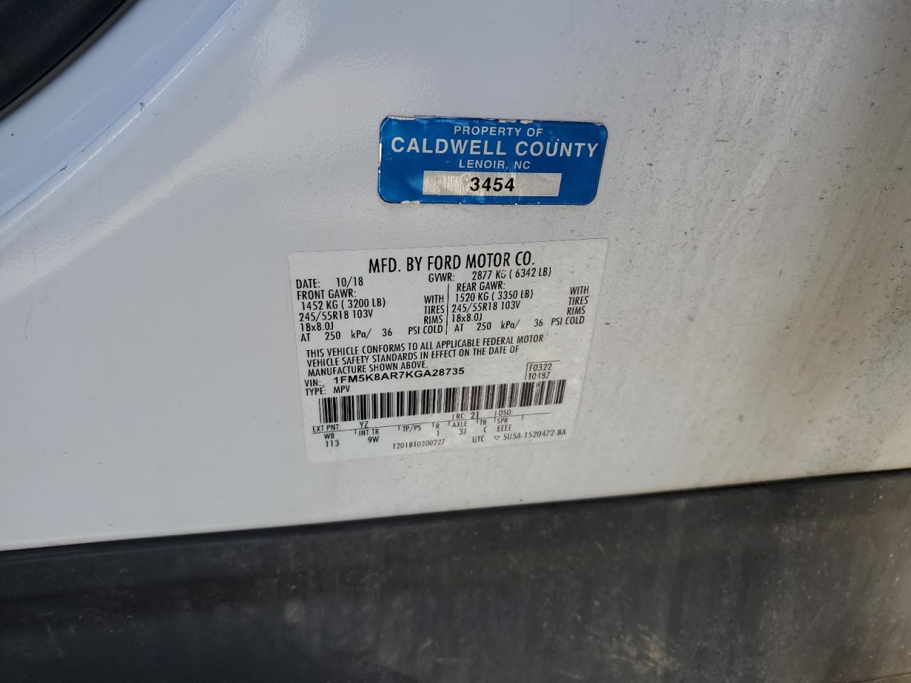 2019 Ford Explorer VIN 1FM5K8AR7KGA28735 Copart auction photo, front end / side damage thumbnail 13
