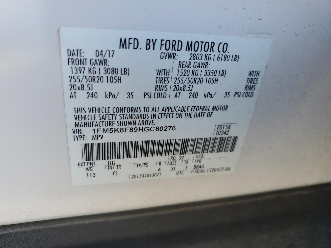 2017 Ford Explorer VIN 1FM5K8F89HGC60276 Copart auction photo, front end damage thumbnail 15