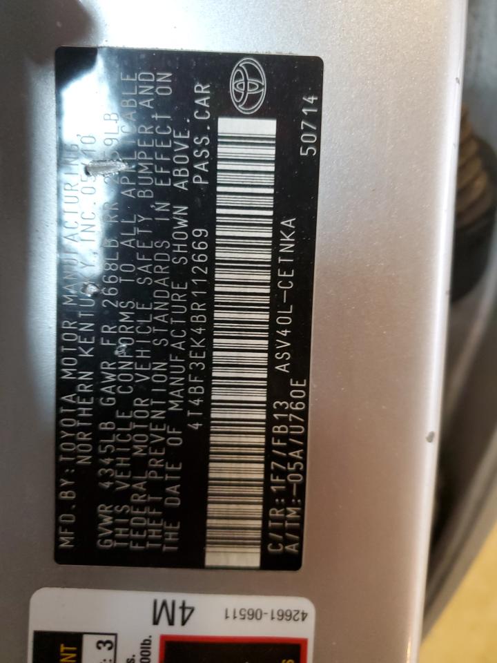 2011 Toyota Camry VIN 4T4BF3EK4BR112669 Copart auction photo, rear end damage thumbnail 12