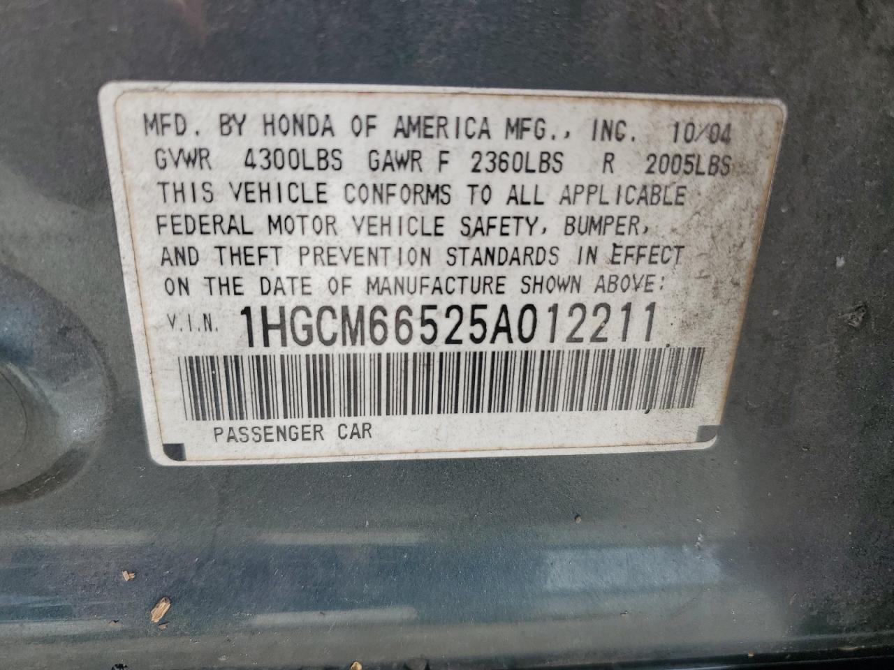 2005 Honda Accord VIN 1HGCM66525A012211 Copart auction photo, water/flood / minor dent/scratches damage thumbnail 13