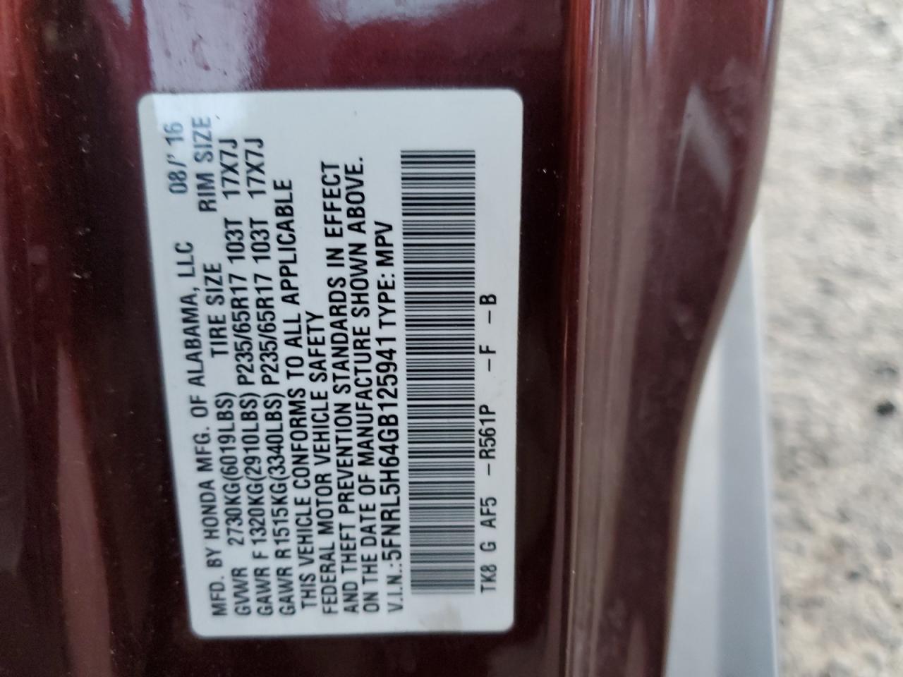 2016 Honda Odyssey VIN 5FNRL5H64GB125941 Copart auction photo, front end damage thumbnail 16
