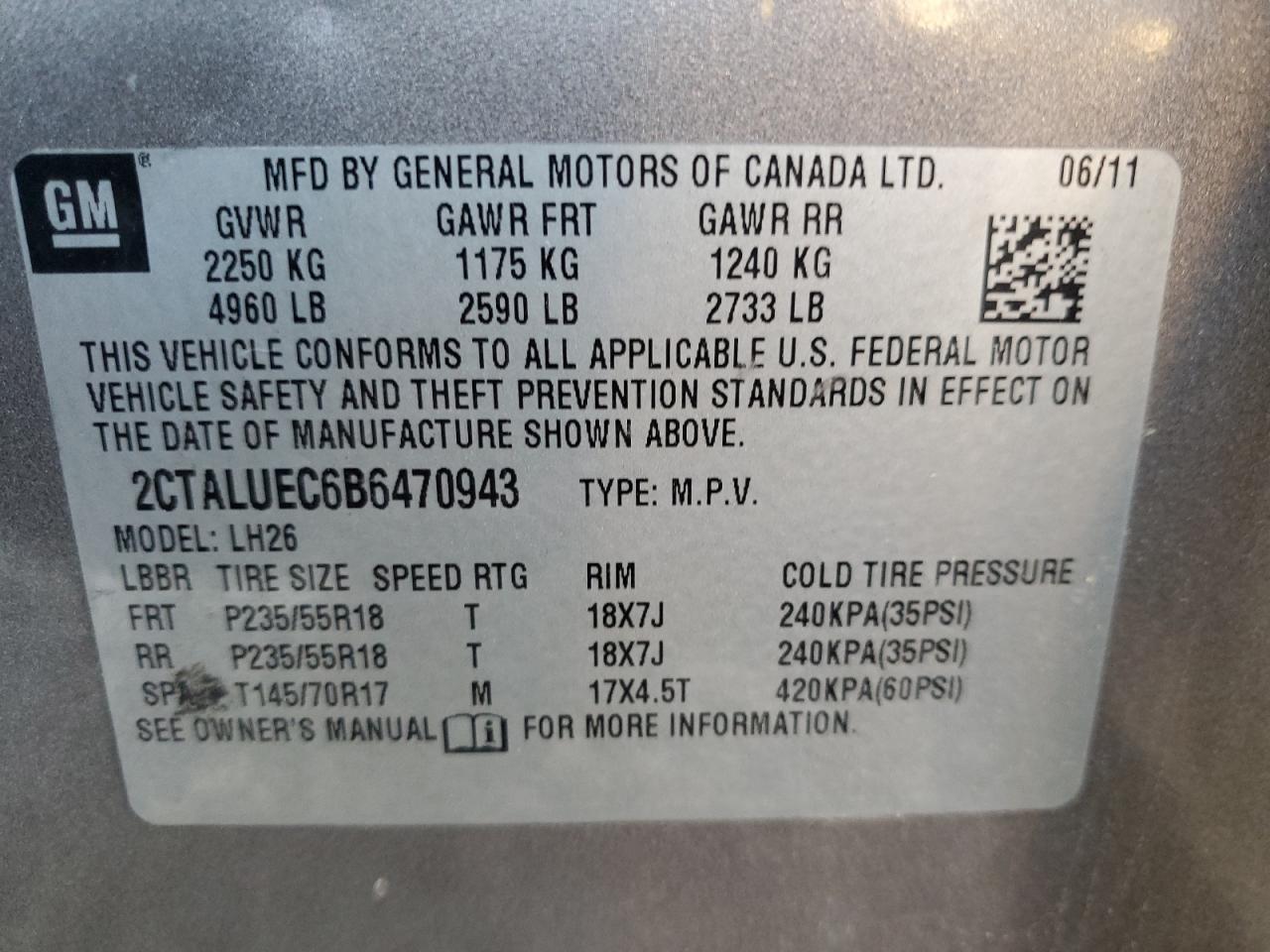 2011 GMC Terrain VIN 2CTALUEC6B6470943 Copart auction photo, all over damage thumbnail 13