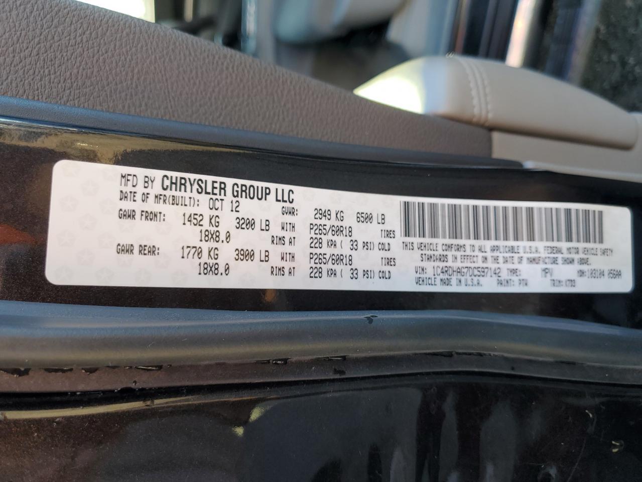 2013 Dodge Durango VIN 1C4RDHAG7DC597142 Copart auction photo, front end damage thumbnail 14