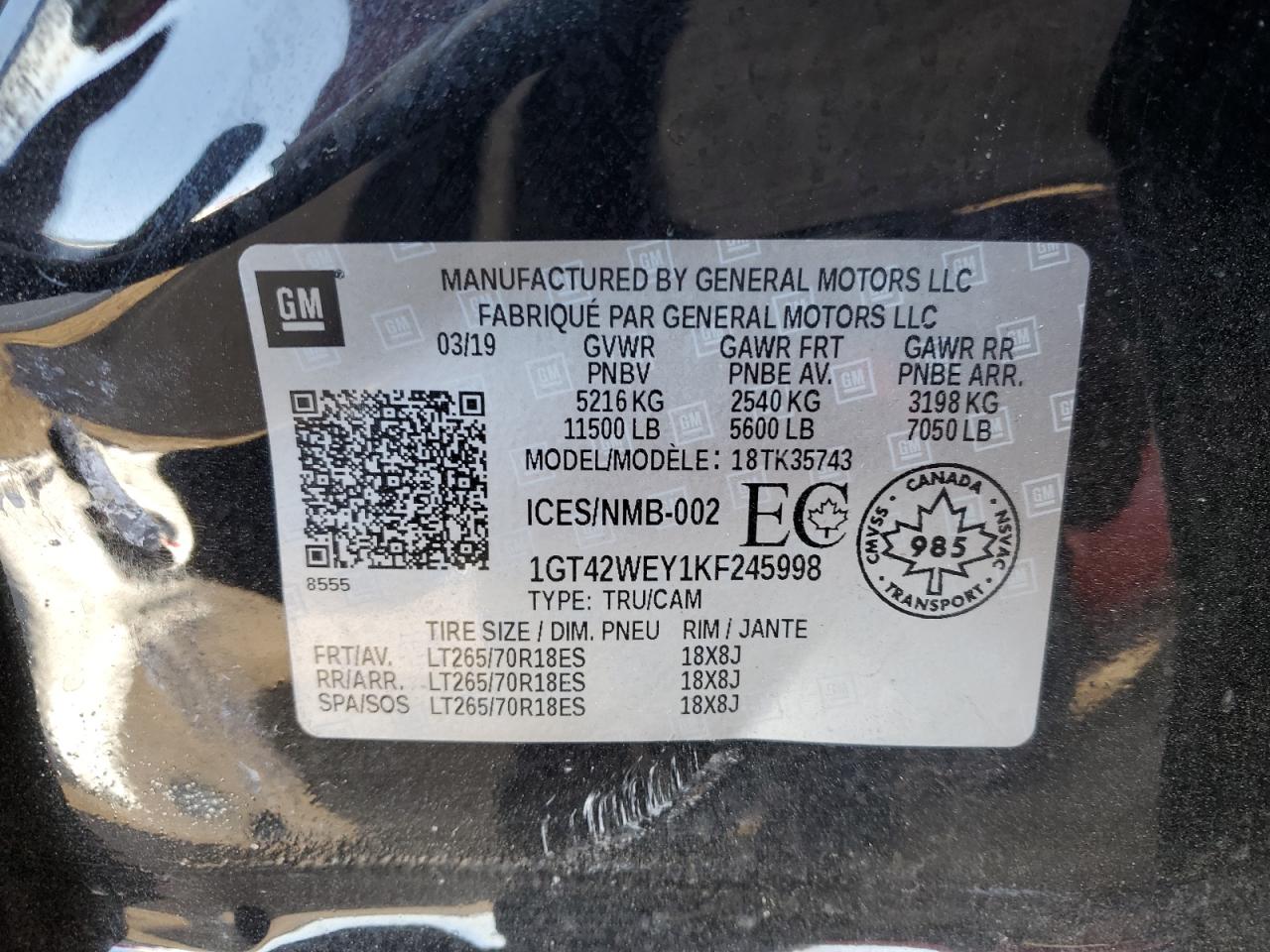 2019 GMC Sierra VIN 1GT42WEY1KF245998 Copart auction photo, all over damage thumbnail 12