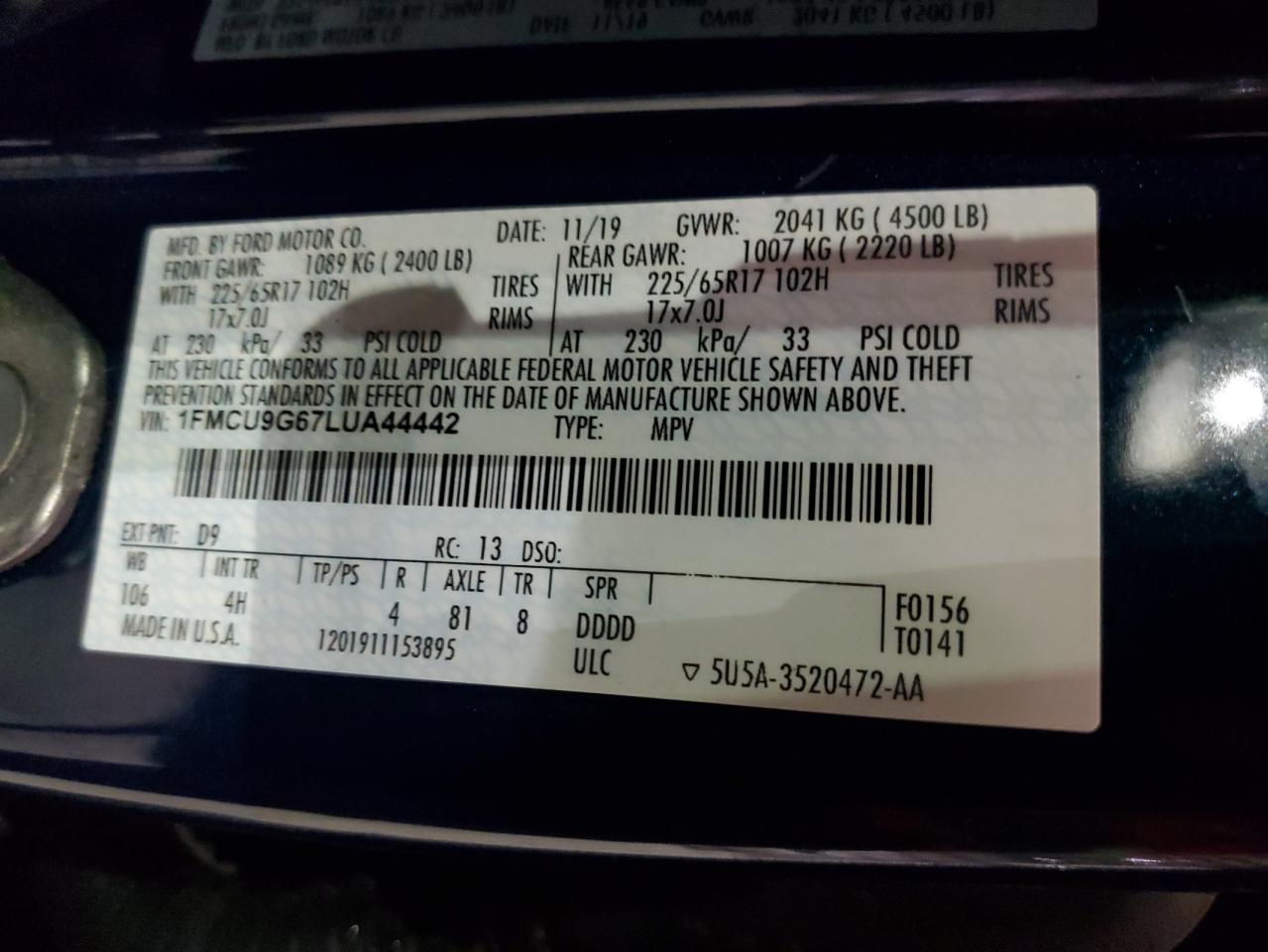 2020 Ford Escape VIN 1FMCU9G67LUA44442 Copart auction photo, front end damage thumbnail 13