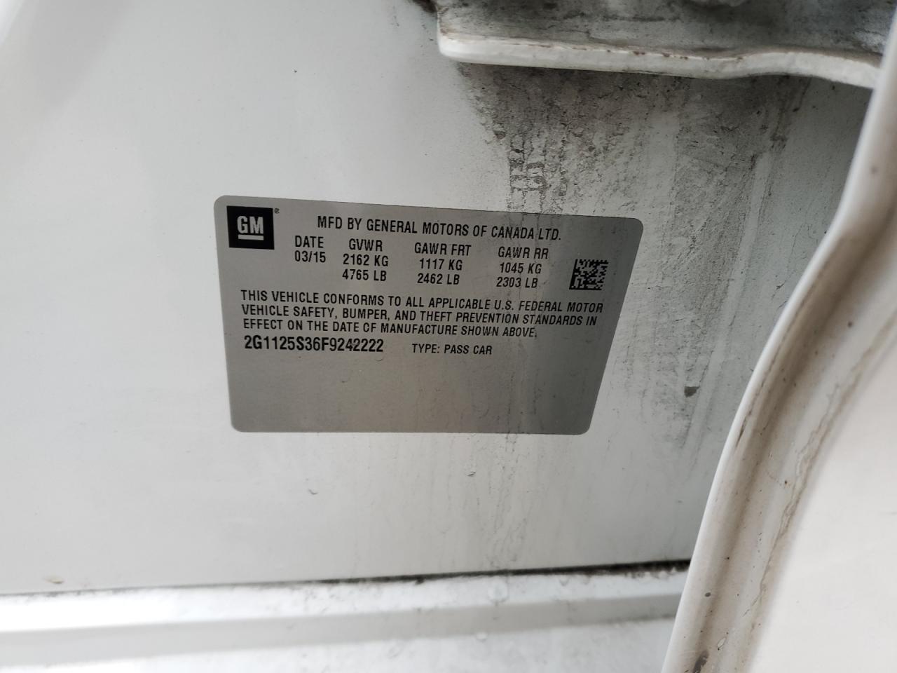 2015 Chevrolet Impala VIN 2G1125S36F9242222 Copart auction photo, all over damage thumbnail 12