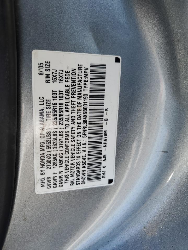 2006 Honda Odyssey VIN 5FNRL384X6B001190 Copart auction photo, rear end / hail damage thumbnail 13