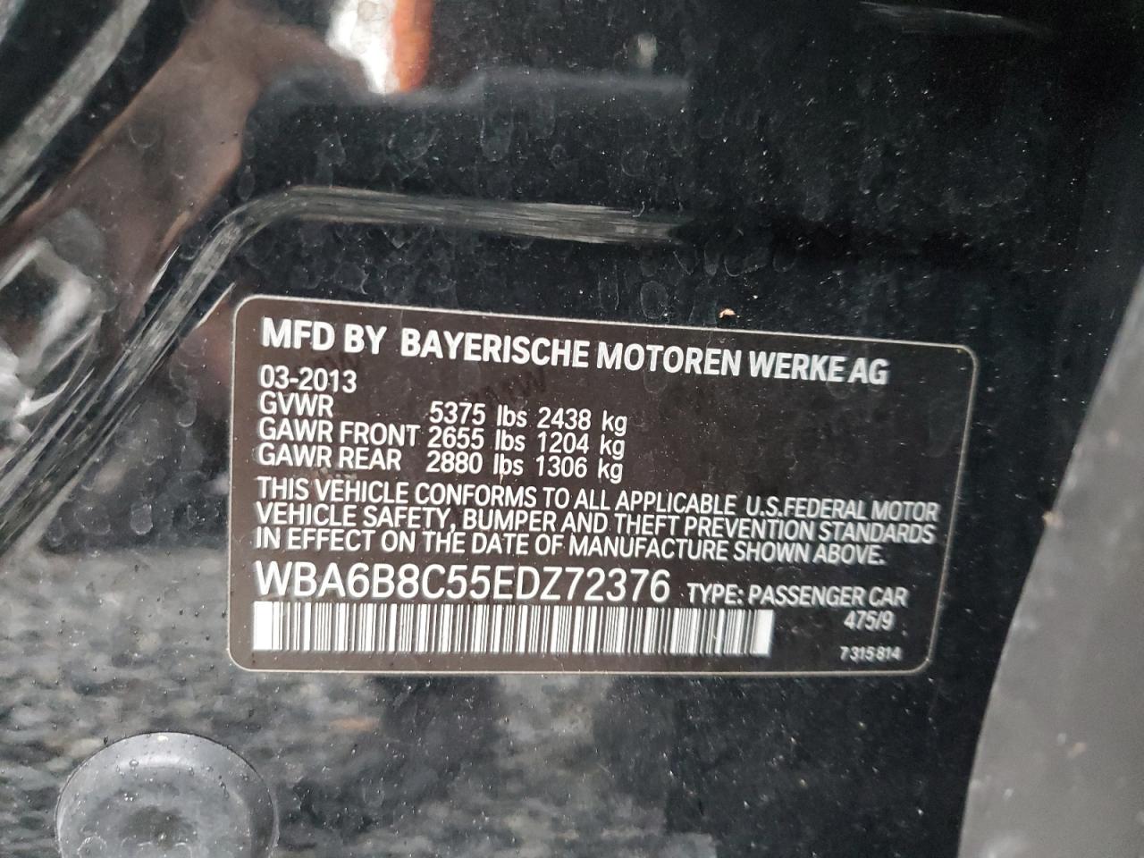 2014 BMW 6er VIN WBA6B8C55EDZ72376 Copart auction photo, mechanical damage thumbnail 12
