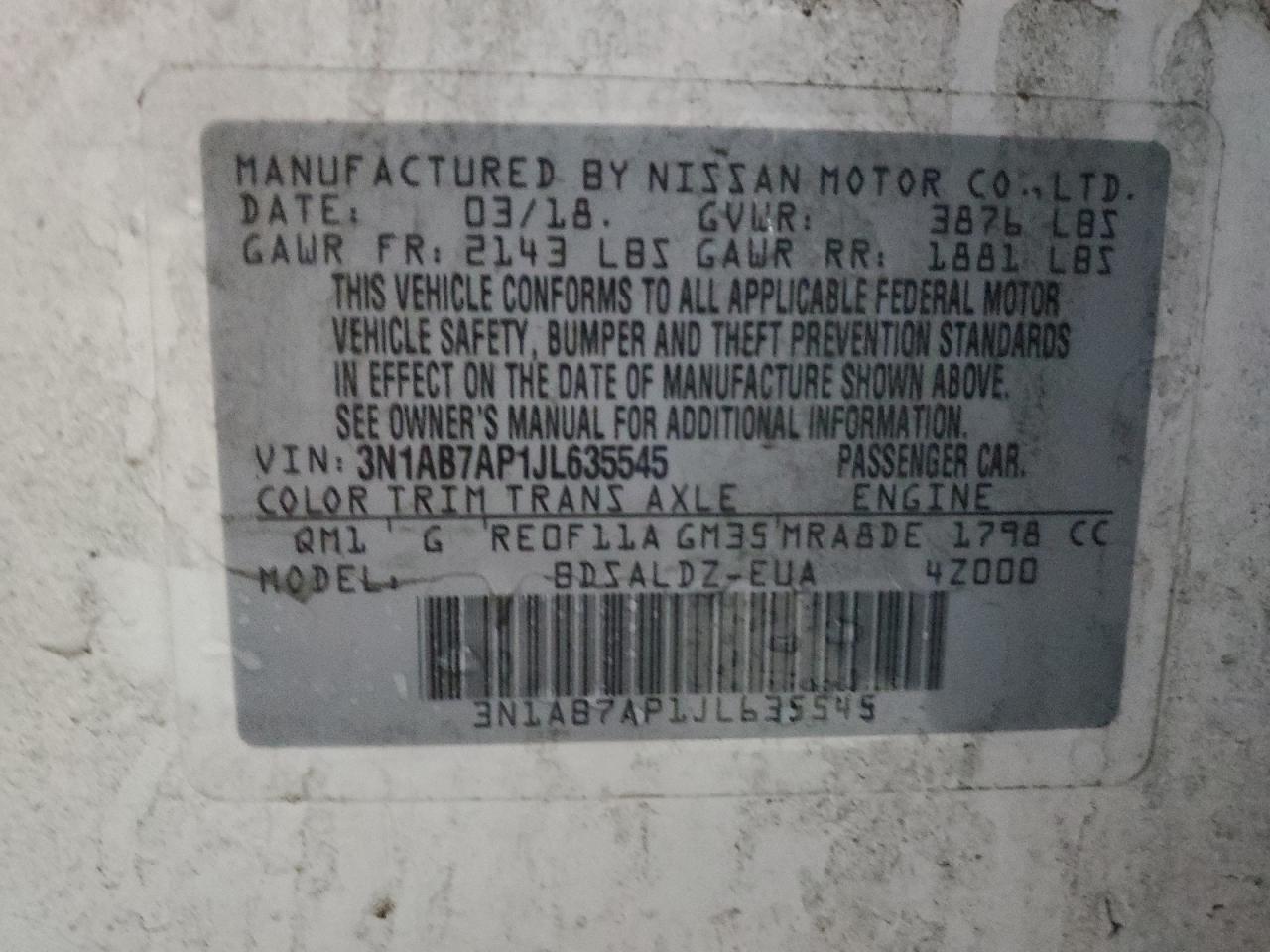 2018 Nissan Sentra VIN 3N1AB7AP1JL635545 Copart auction photo, side / front end damage thumbnail 12