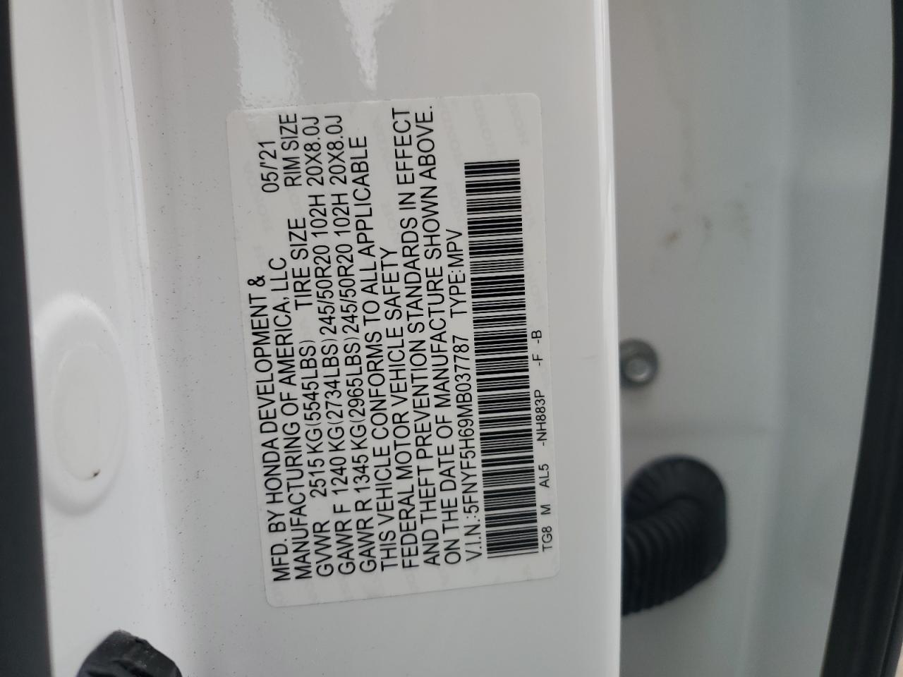 2021 Honda Pilot VIN 5FNYF5H69MB037787 Copart auction photo, water/flood damage thumbnail 14