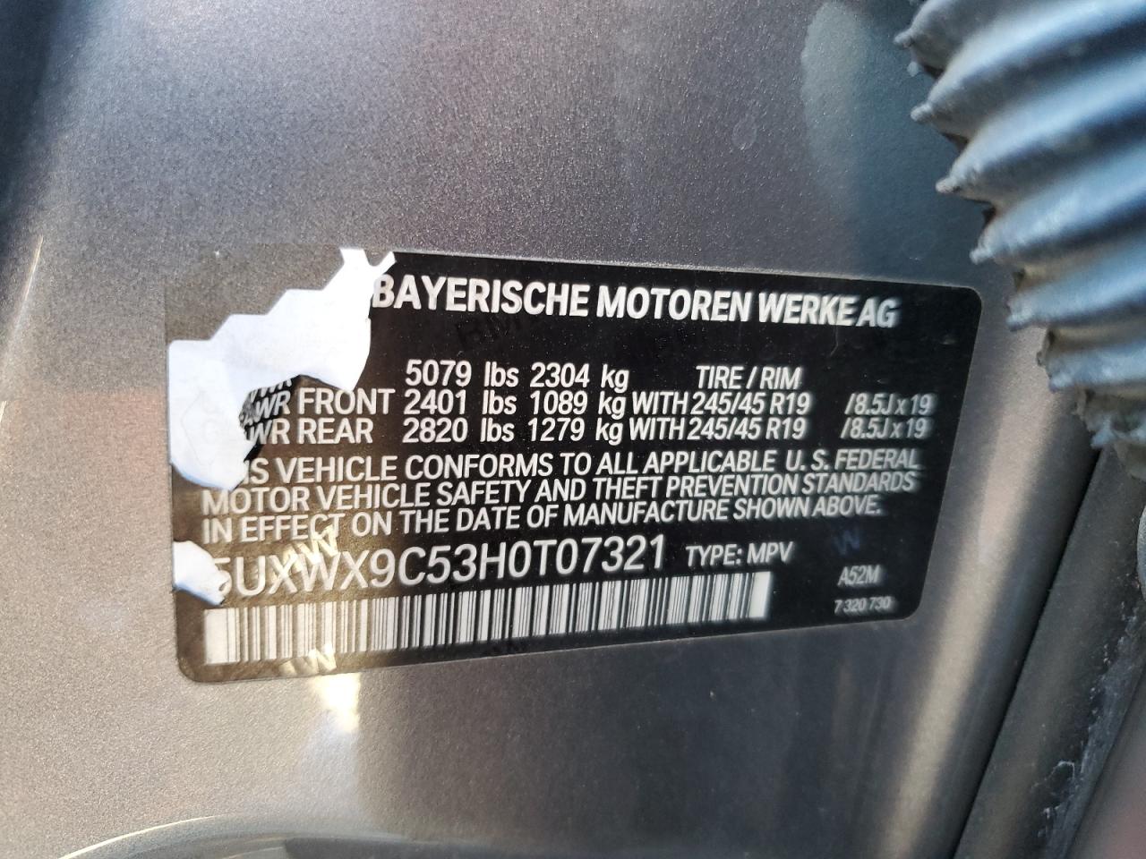 2017 BMW X3 VIN 5UXWX9C53H0T07321 Copart auction photo, all over damage thumbnail 13