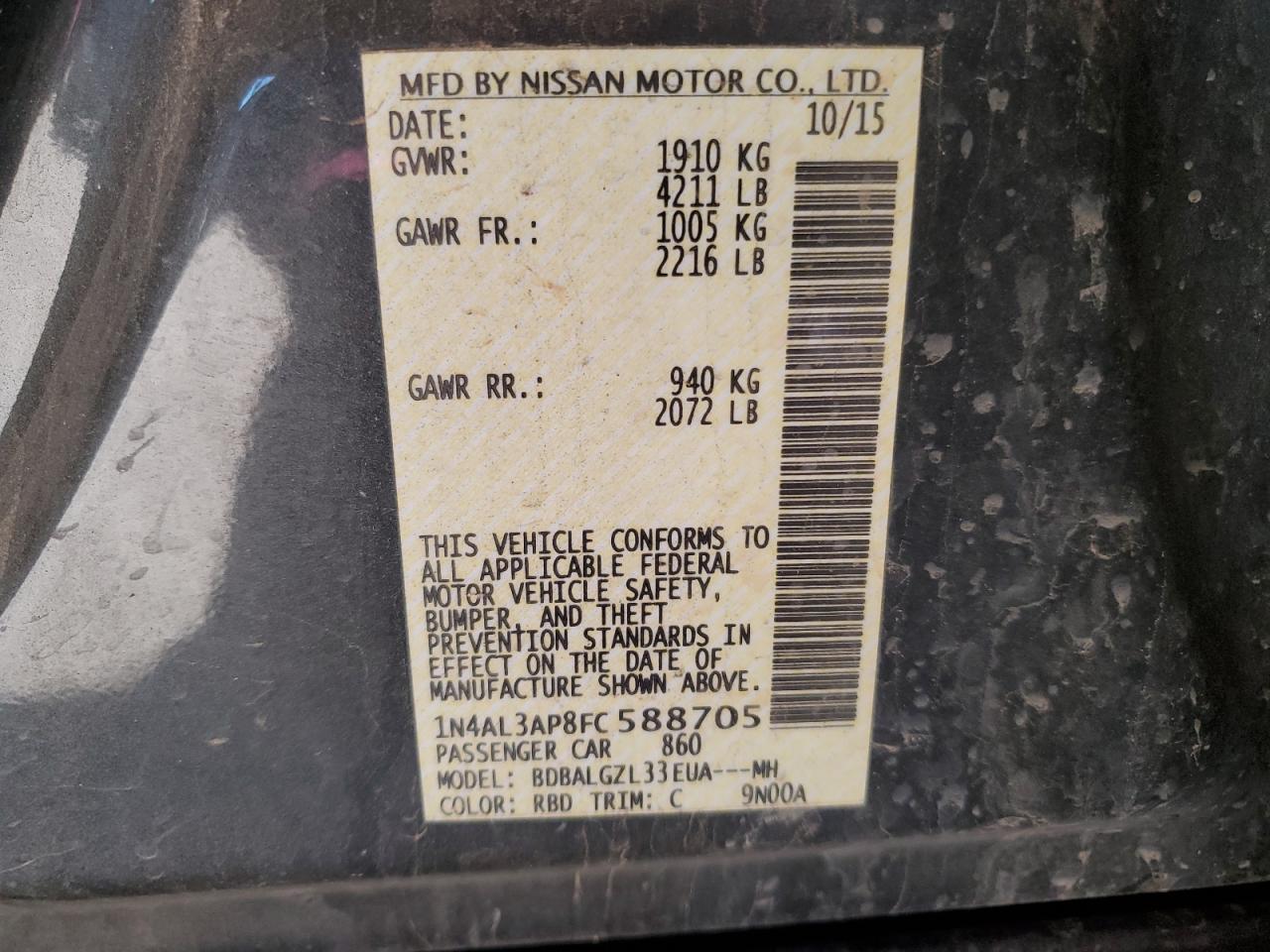 2015 Nissan Altima VIN 1N4AL3AP8FC588705 Copart auction photo, rear end / minor dent/scratches damage thumbnail 12
