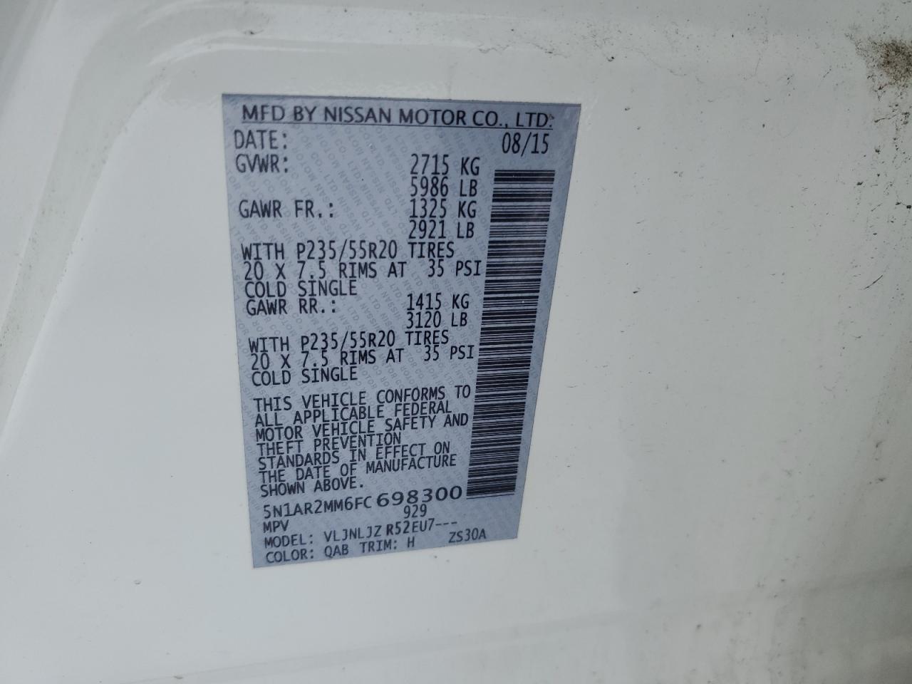 2015 Nissan Pathfinder VIN 5N1AR2MM6FC698300 Copart auction photo, front end damage thumbnail 13