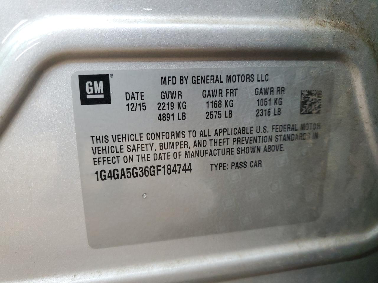 2016 Buick LaCrosse VIN 1G4GA5G36GF184744 Copart auction photo, rear end damage thumbnail 14