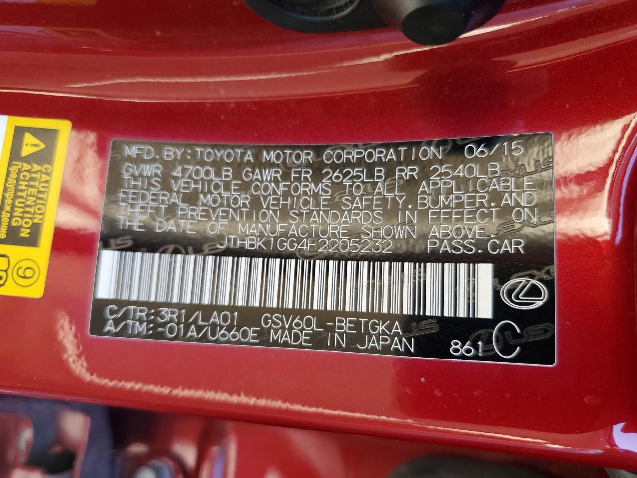 2015 Lexus ES VIN JTHBK1GG4F2205232 Copart auction photo, rear end damage thumbnail 13