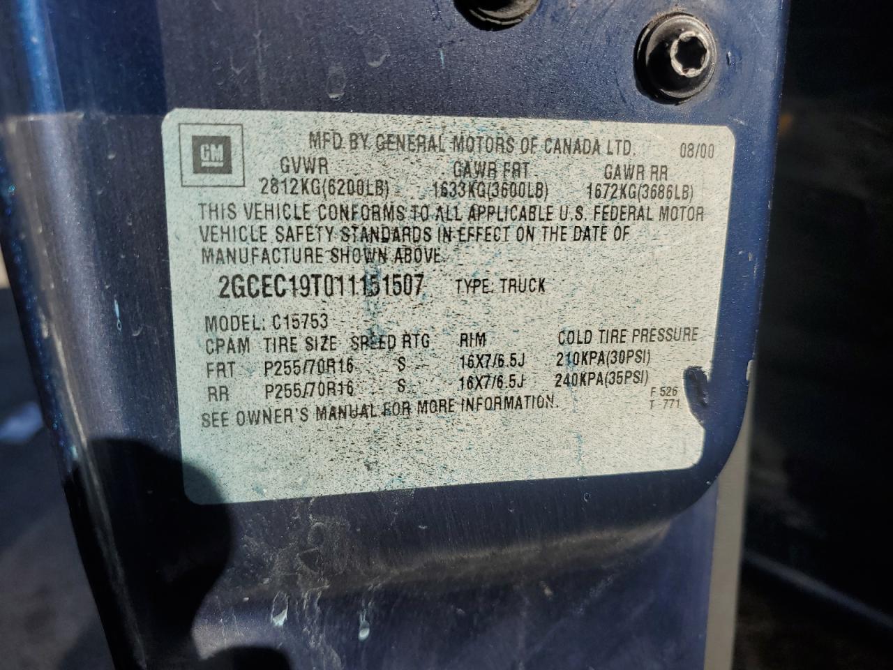 2001 Chevrolet Silverado VIN 2GCEC19T011151507 Copart auction photo, front end damage thumbnail 12