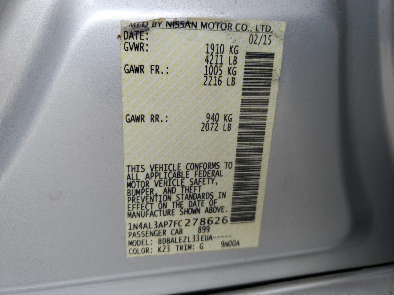 2015 Nissan Altima VIN 1N4AL3AP7FC278626 Copart auction photo, rear end damage thumbnail 12
