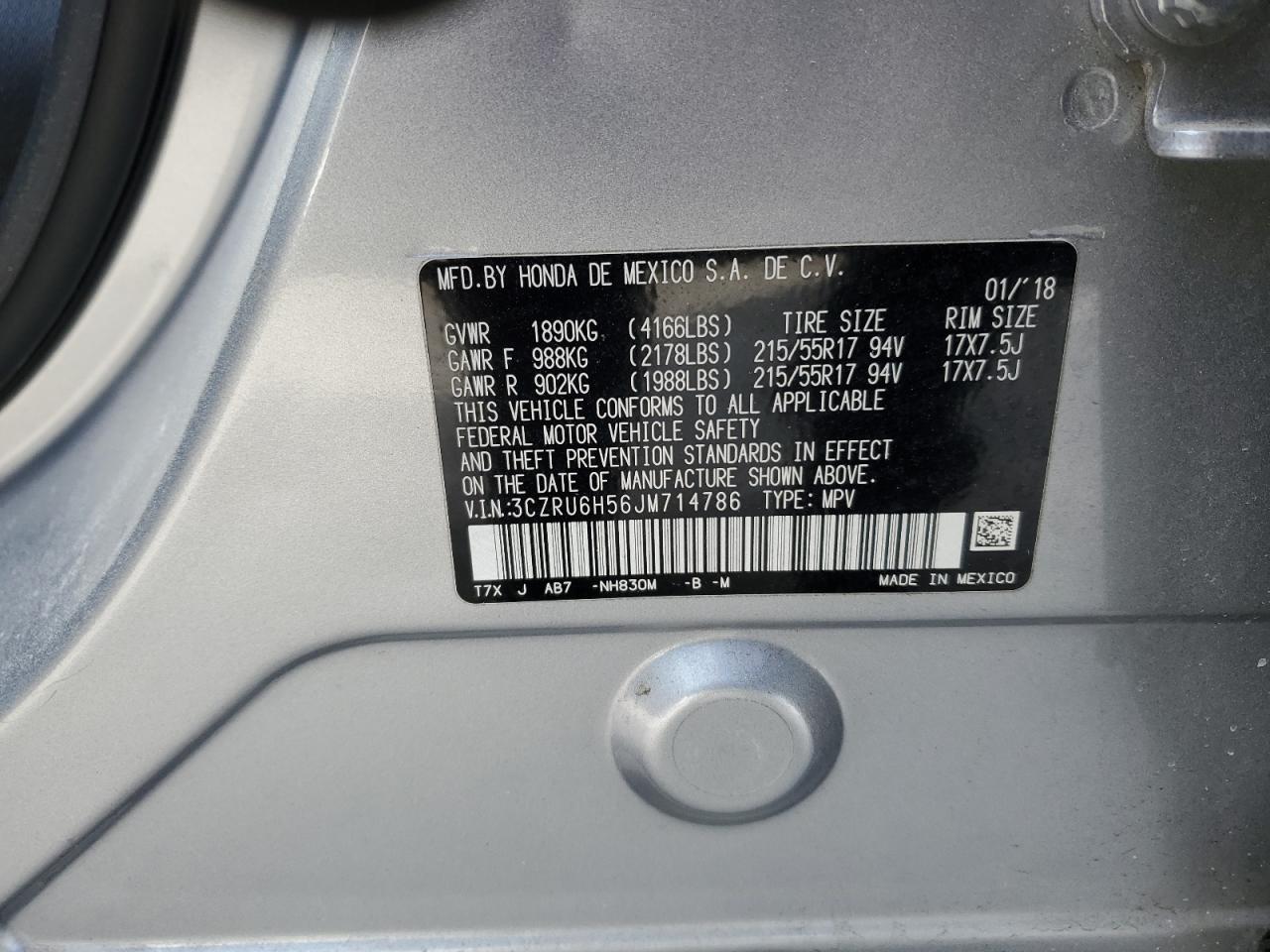 2018 Honda HR-V VIN 3CZRU6H56JM714786 Copart auction photo, all over damage thumbnail 13