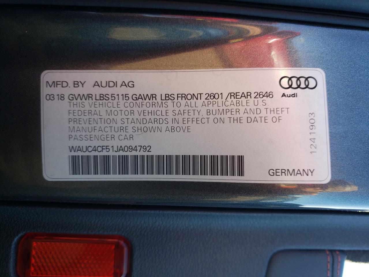 2018 Audi RS5 VIN WAUC4CF51JA094792 Copart auction photo, all over / undercarriage damage thumbnail 15