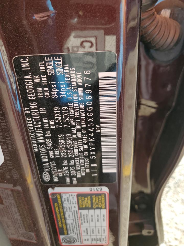 2016 KIA Sorento VIN 5XYPK4A5XGG069776 Copart auction photo, front end / rear end damage thumbnail 13