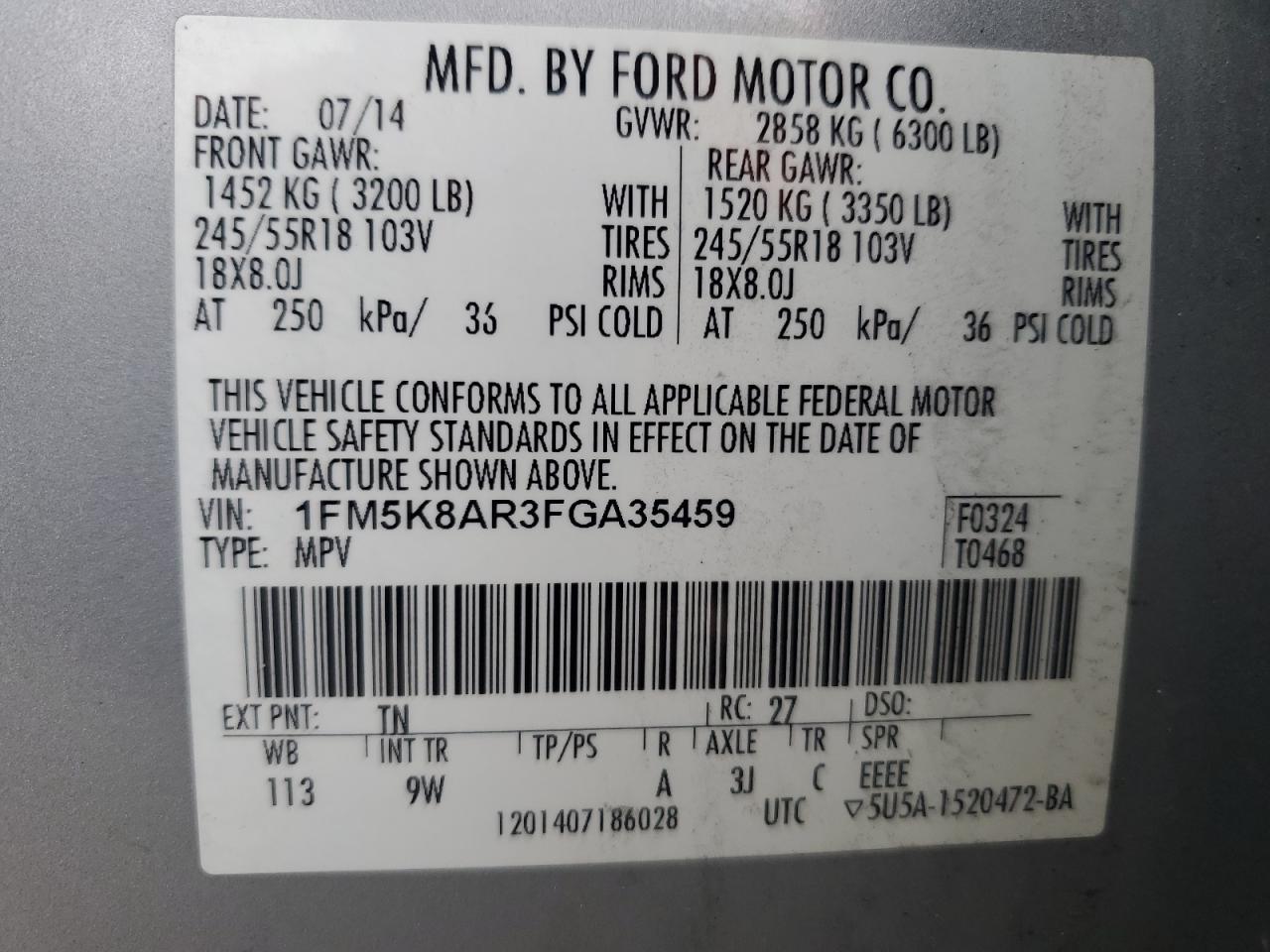 2015 Ford Explorer VIN 1FM5K8AR3FGA35459 Copart auction photo, front end / rear end damage thumbnail 13