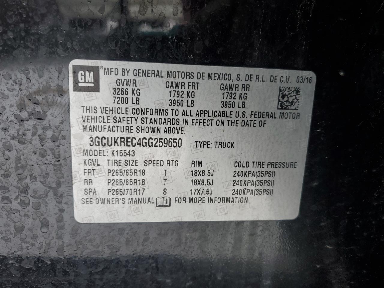 2016 Chevrolet Silverado VIN 3GCUKREC4GG259650 Copart auction photo, rear end / side damage thumbnail 12