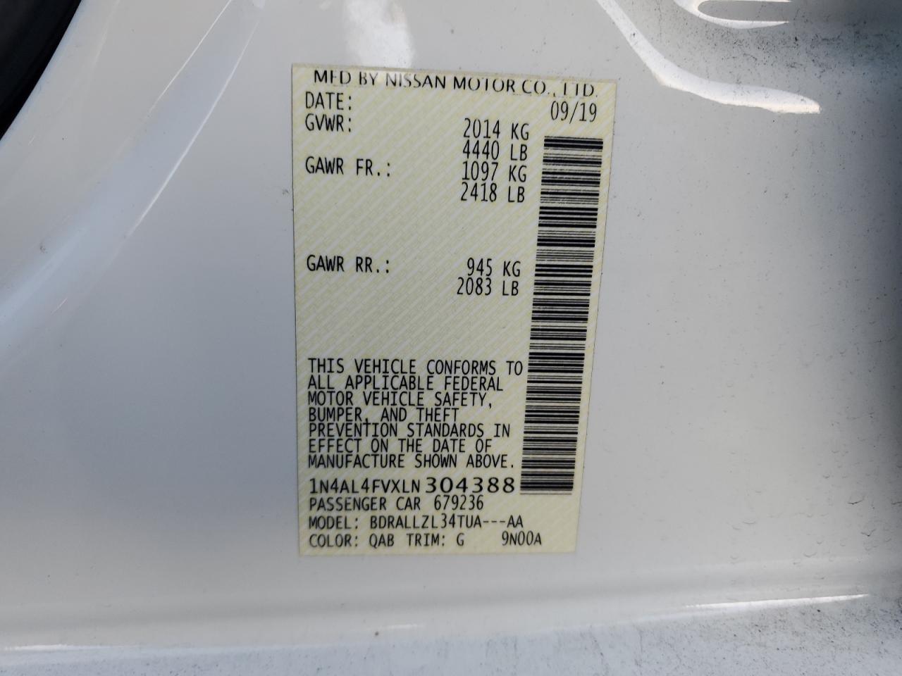 2020 Nissan Altima VIN 1N4AL4FVXLN304388 Copart auction photo, mechanical / minor dent/scratches damage thumbnail 12