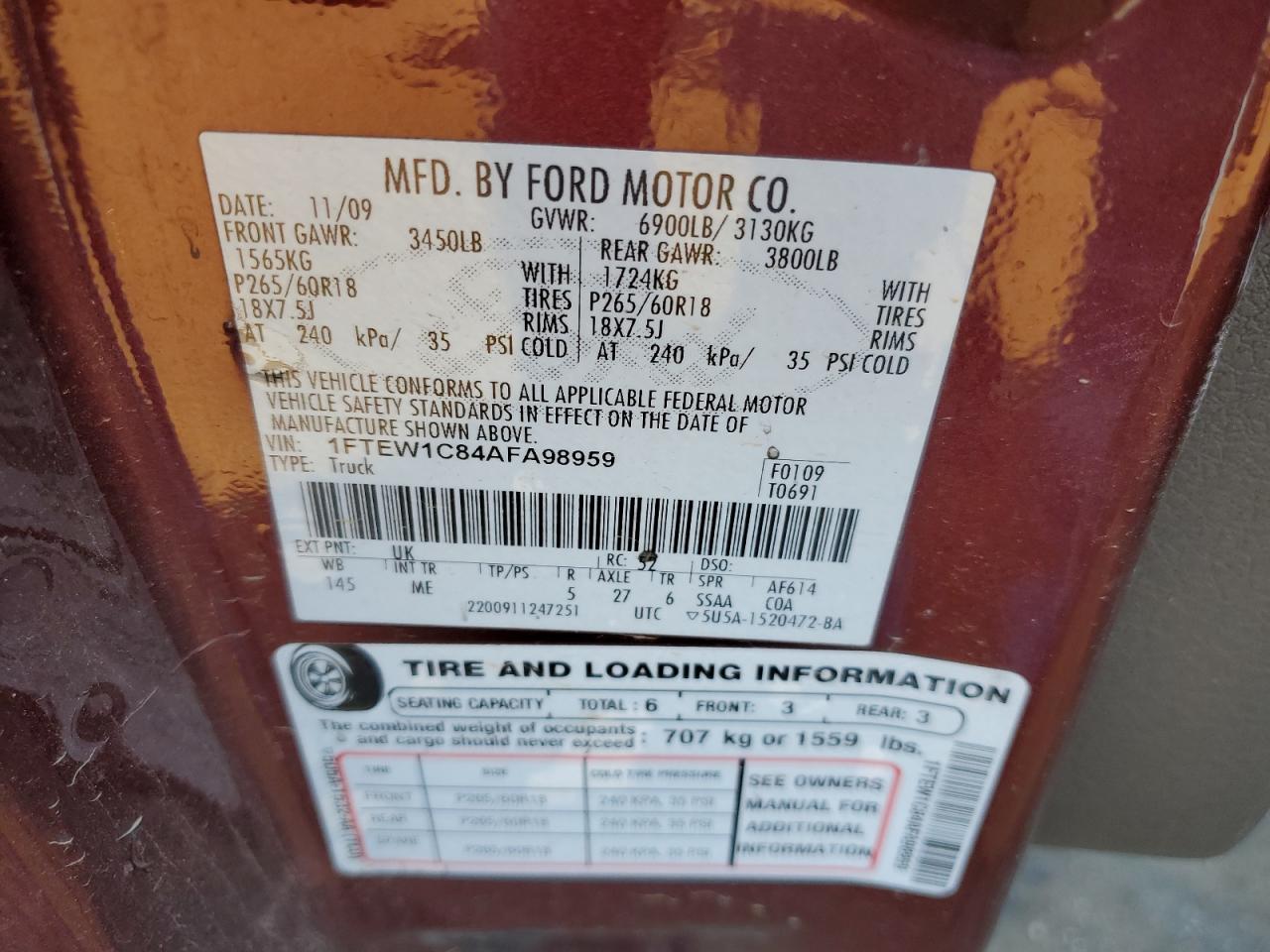 2010 Ford F-150 VIN 1FTEW1C84AFA98959 Copart auction photo, front end damage thumbnail 12