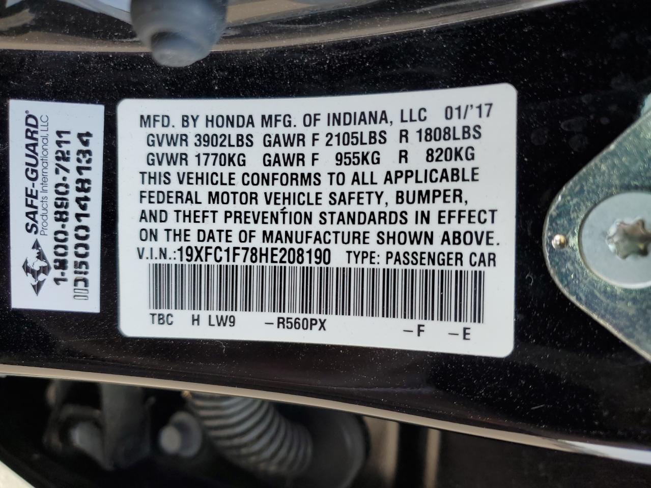 2017 Honda Civic VIN 19XFC1F78HE208190 Copart auction photo, water/flood damage thumbnail 12
