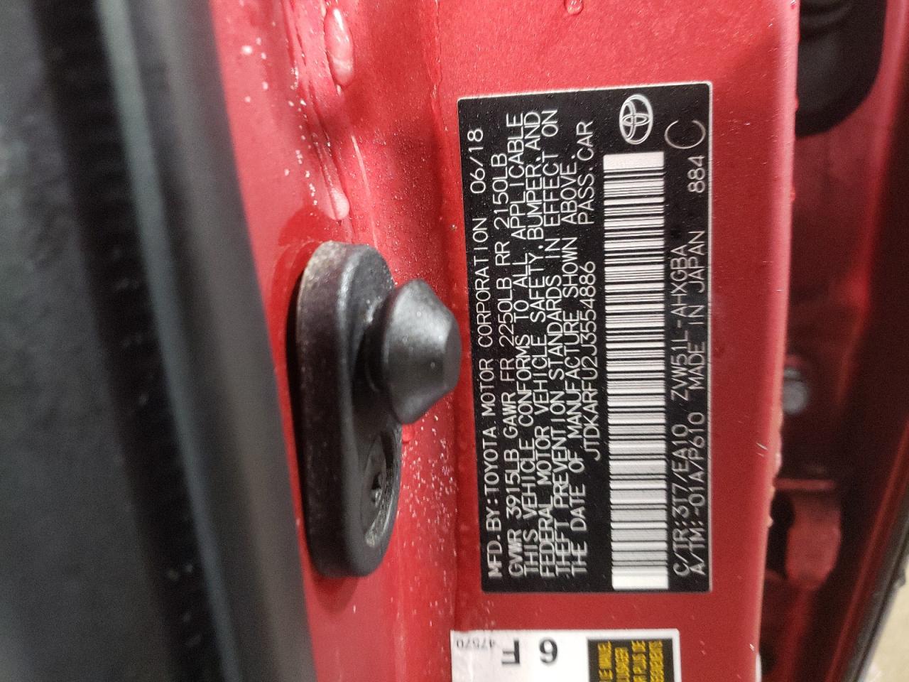 2018 Toyota Prius VIN JTDKARFU2J3554886 Copart auction photo, front end damage thumbnail 12