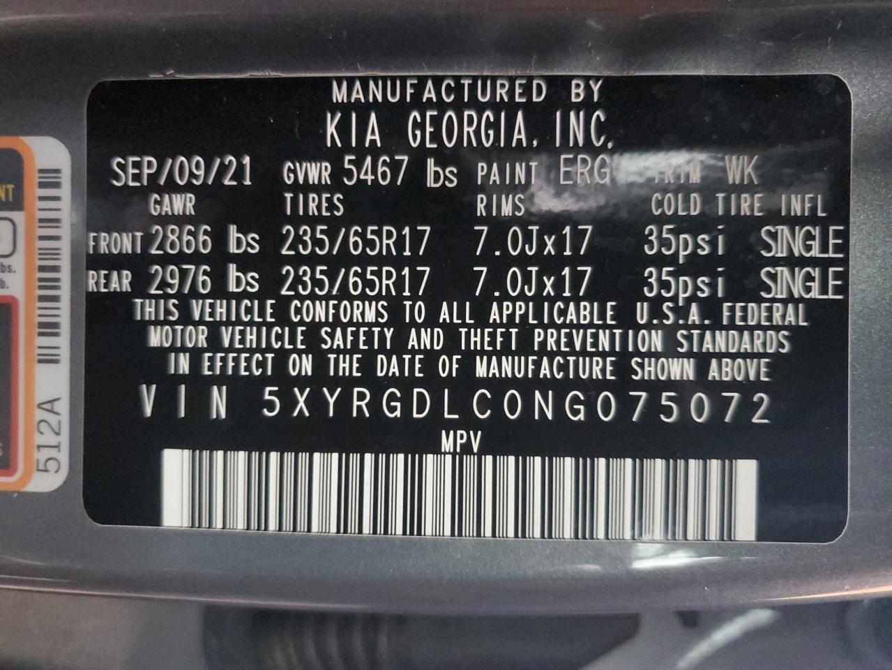 2022 KIA Sorento VIN 5XYRGDLC0NG075072 Copart auction photo, front end / side damage thumbnail 15