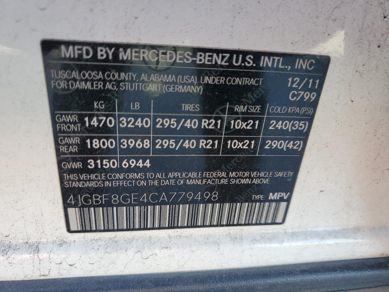 2012 Mercedes-Benz GL-klasse VIN 4JGBF8GE4CA779498 Copart auction photo, front end / side damage thumbnail 14
