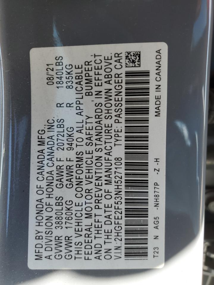 2022 Honda Civic VIN 2HGFE2F53NH527108 Copart auction photo, all over damage thumbnail 12