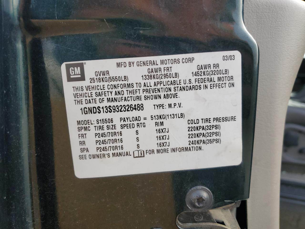 2003 Chevrolet TrailBlazer VIN 1GNDS13S932326488 Copart auction photo, rollover damage thumbnail 14