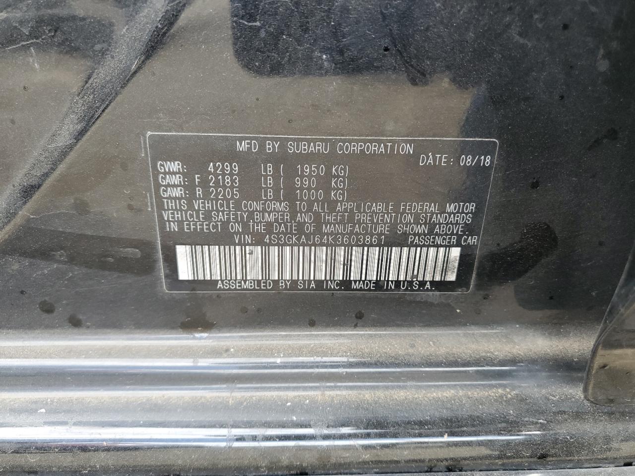 2019 Subaru Impreza VIN 4S3GKAJ64K3603861 Copart auction photo, all over damage thumbnail 12