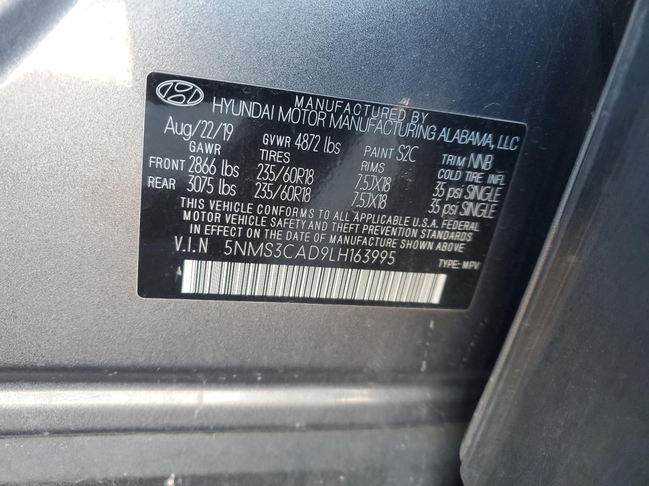 2020 Hyundai Santa Fe VIN 5NMS3CAD9LH163995 Copart auction photo, front end / minor dent/scratches damage thumbnail 14