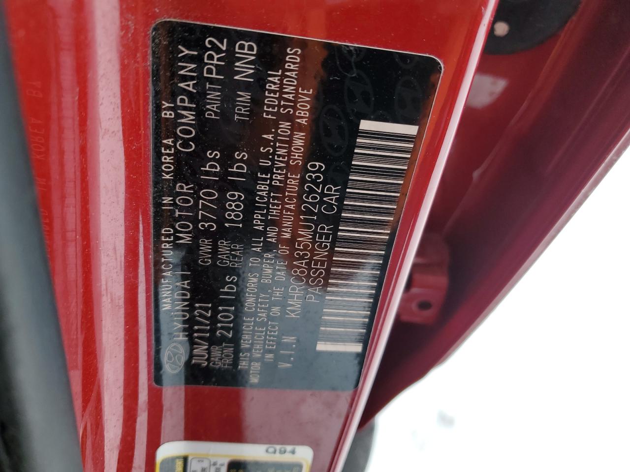 2021 Hyundai Venue VIN KMHRC8A35MU126239 Copart auction photo, rear end / front end damage thumbnail 13
