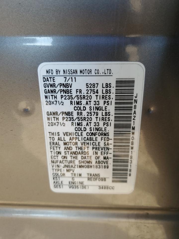 2011 Nissan Murano VIN JN8AZ1MW0BW183189 Copart auction photo, front end damage thumbnail 13