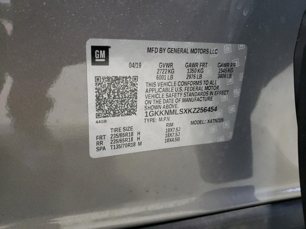 2019 GMC Acadia VIN 1GKKNMLSXKZ256454 Copart auction photo, front end / side damage thumbnail 14