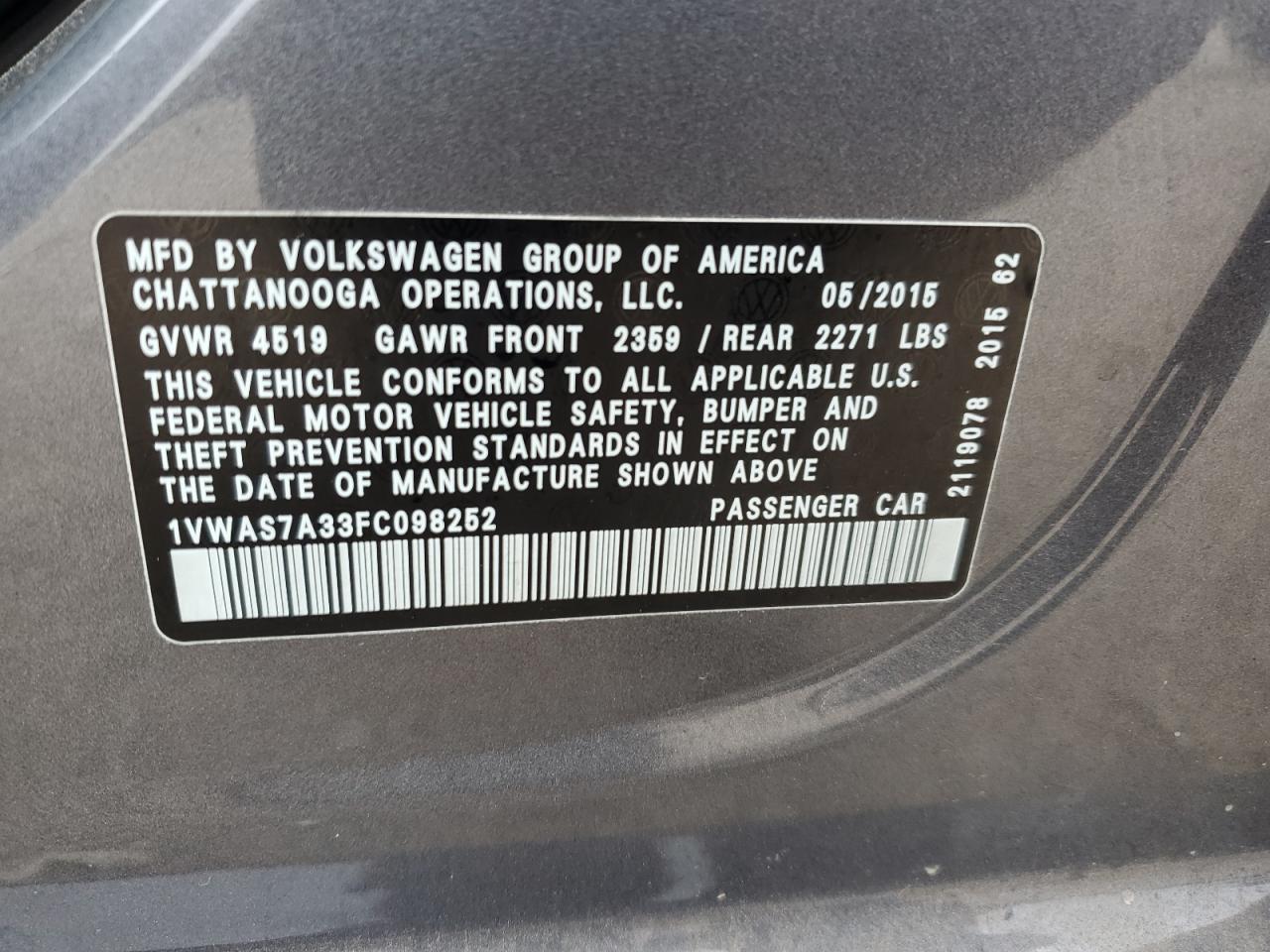 2015 Volkswagen Passat VIN 1VWAS7A33FC098252 Copart auction photo, side / rear end damage thumbnail 12